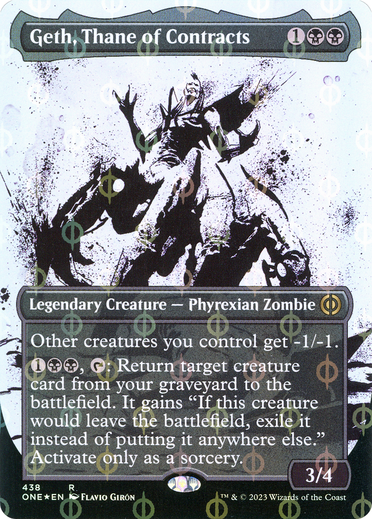 Geth, Thane of Contracts (Showcase) (Step-and-Compleat Foil) (ONE-438) - Phyrexia: All Will Be One: (Showcase) (Borderless) Foil